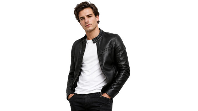 Handsome Young Man in Cool Black Leather Jacket Posing Isolated on Transparent Background