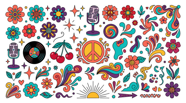 A stylish retro revival vector pack with groovy flowers, psychedelic swirls, sparkling stars, vintage microphones, vinyl records, cherries, peace signs, abstract blobs, sunbursts, and colorful decorat