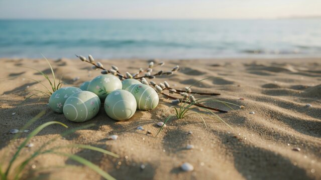 Pastel easter eggs with floral patterns on a sandy beach by the sea