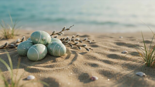 Easter eggs with pussy willow branches on a sandy beach by the sea