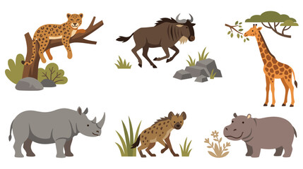 Set of wild african animals isolated on white background with plant elements. © SADIKUR