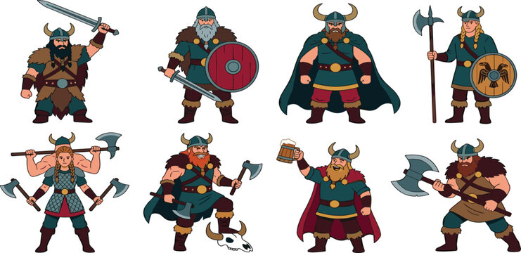 Cute medieval viking vector illustration bundle with various poses shield maidens axes and ancient scandinavian soldier characters