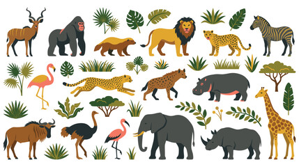 Set of wild african animals with tropical plants and trees isolated icons. © SADIKUR