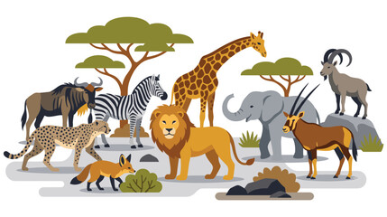 Fototapeta premium Group of savanna animals standing together in african landscape backdrop.