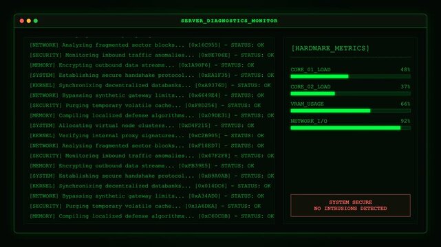 Server Diagnostics Monitor Hardware Metrics Terminal Animation.