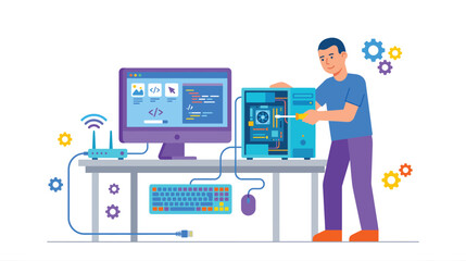 Fototapeta premium Technician working with servers, monitors, and high tech equipment in a modern lab workspace.