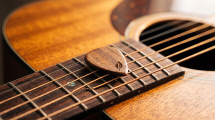 Fototapeta premium Close up of a custom wooden guitar pick with leaf engraving resting on strings of an acoustic guitar fretboard