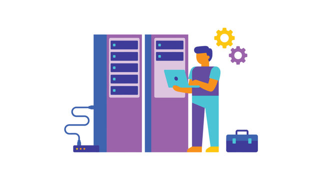 Professional working with server racks in a data center with laptop and gears.