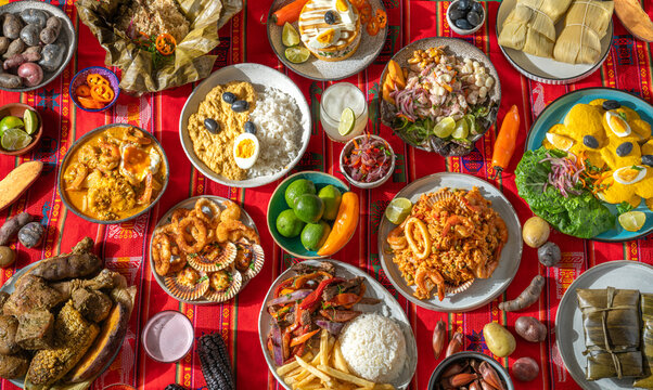 Traditional Peruvian Food Feast table on Andean Textile Tablecloth