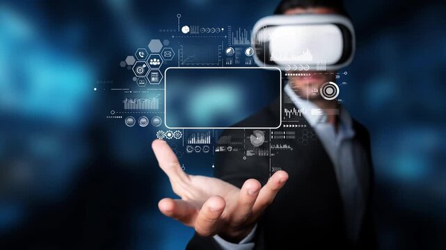 A man wearing a virtual reality headset interacts with floating digital interface elements, showcasing technology and modern innovation in a dynamic and immersive virtual environment. Raster