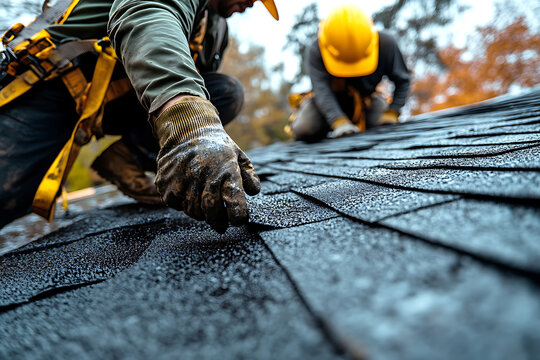 Professional Roofing Contractors Installing Asphalt Shingles on Residential Home Roof