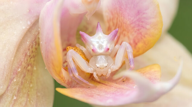seven spined crab spider hiding on flower