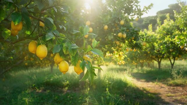 Sunlight filtering through a lush lemon orchard with ripe yellow lemons hanging on vibrant green trees