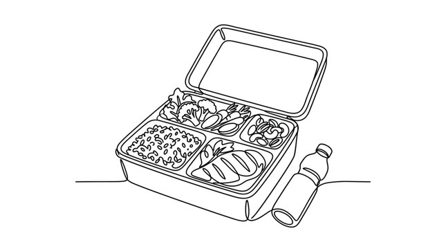 Continuous line drawing of a healthy bento lunch box with a water bottle.