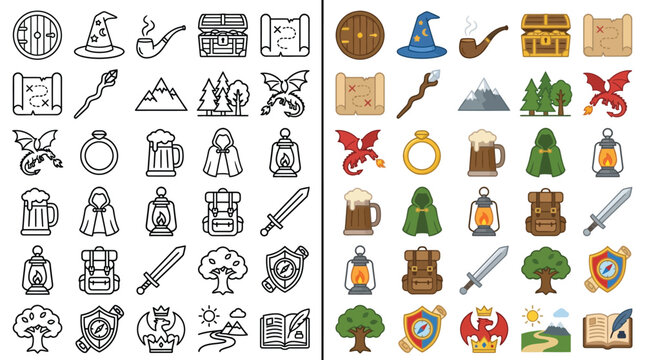 Fantasy Game Icons Set: A Collection of Pixel Art and Outline Graphics for Role-Playing Adventures.