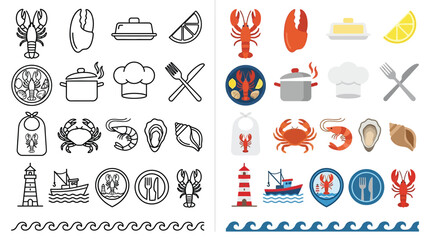 Collection of seafood and nautical icons, both outlined and colored, for culinary and travel themes. © Farina