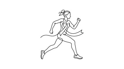 Obraz premium Continuous line drawing of a woman running with a breast cancer awareness ribbon.