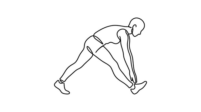 Continuous single line drawing of a person doing a hamstring stretch.