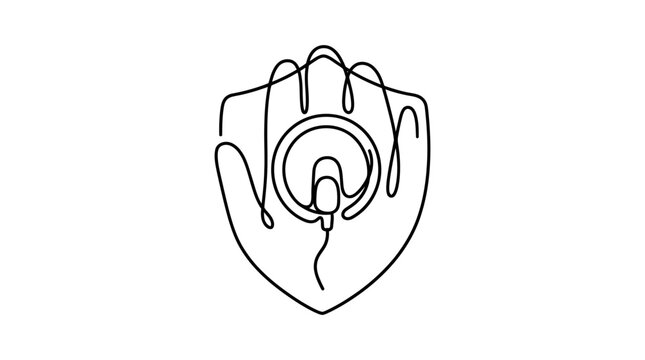 Continuous one line drawing of a shield with a computer mouse symbol.