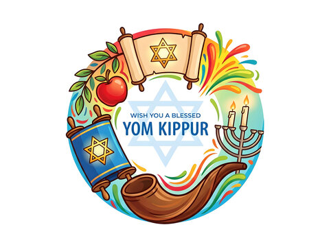 Yom Kippur holiday celebration with traditional Jewish symbols. Colorful illustration of fasting, prayer, and atonement rituals for Jewish New Year.