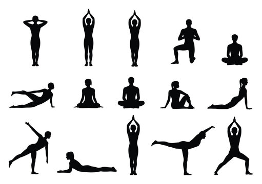 Colecci&oacute;n de siluetas negras que muestran diversas posturas y ejercicios de yoga