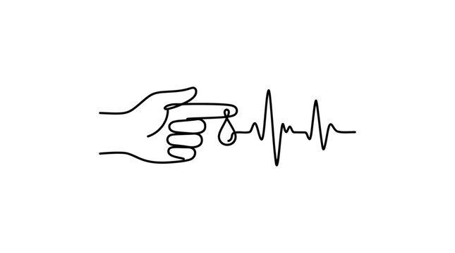 Continuous line art of a finger with a blood drop and heartbeat signal.
