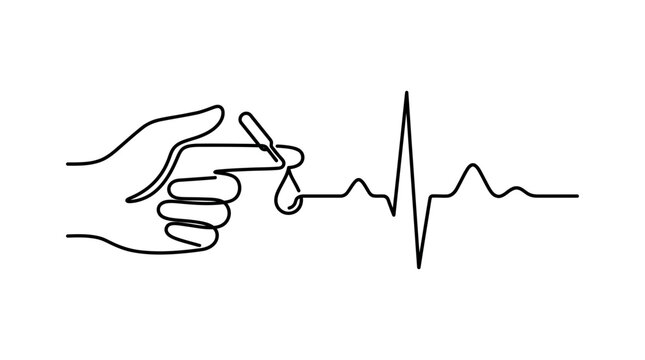Continuous line drawing of a finger prick blood glucose test with a heart rhythm line.