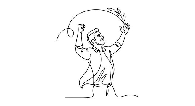 Continuous line drawing of a happy man celebrating success.