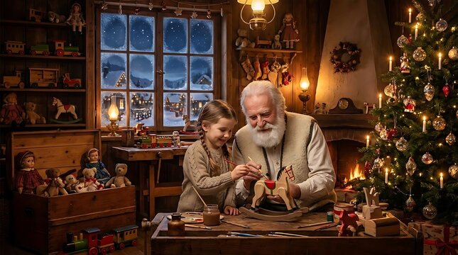 Grandfather and granddaughter crafting wooden toy in nostalgic workshop.