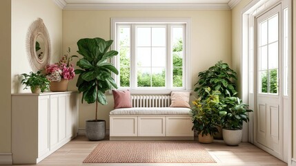 Obraz premium Bright and Inviting Entryway with Natural Light and Greenery in Cozy Home Space