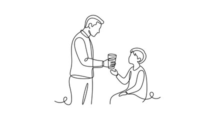 Obraz premium Continuous line drawing of a man giving a cup to a child.