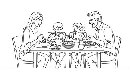 Fototapeta premium Happy family having a meal together line art illustration.
