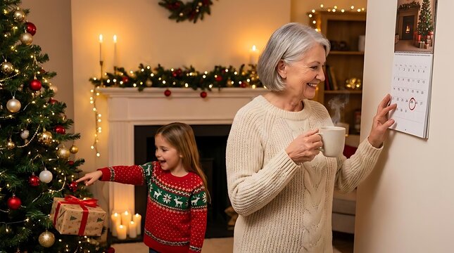 Grandmother and child decorating Christmas tree at home.