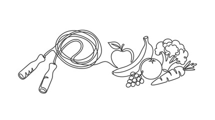 Continuous line drawing of a jump rope and healthy fruits and vegetables. © heri