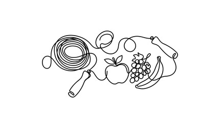 Continuous one line drawing of jump rope and fresh fruits. © heri