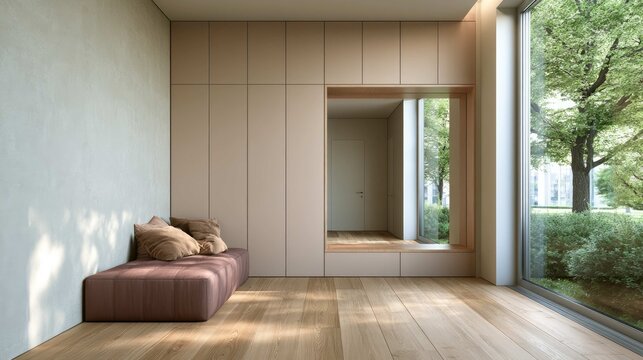 Modern minimalist interior design with cozy seating area and large window overlooking green garden space