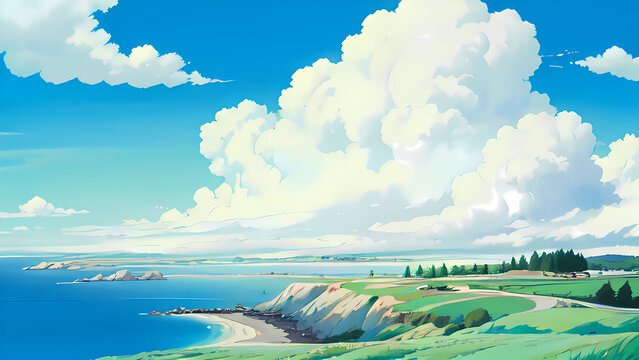 Beautiful Summer Ocean Coastline Illustration