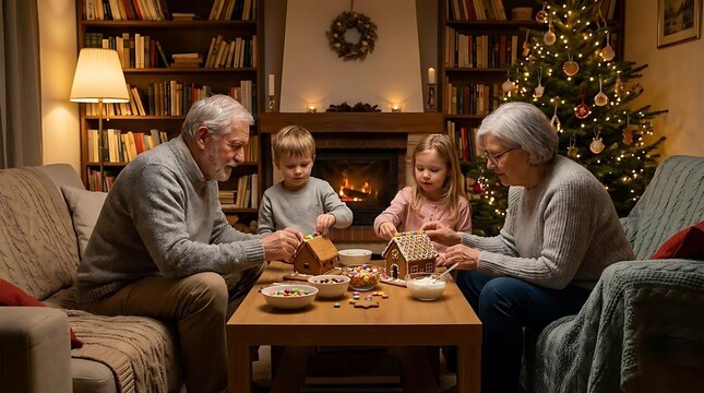 Grandparents and children making gingerbread house.