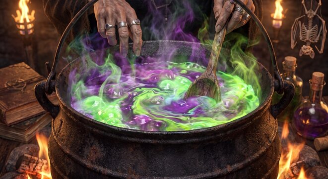 Witch hands stirring bubbling green magic potion in black cauldron over fire.