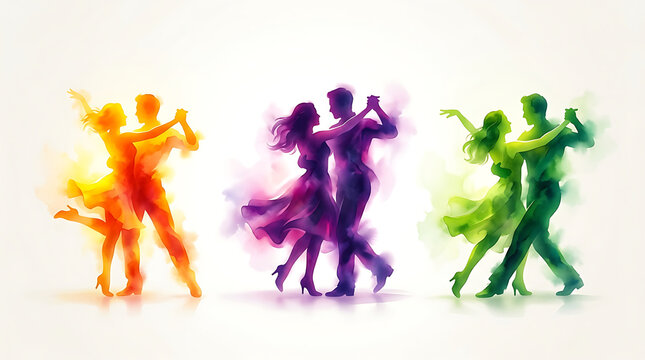 Three dancing couples silhouettes in vibrant watercolor style dance ballroom