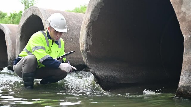 A specialist inspector is carefully checking the cleanliness of the water being discharged into the stream.