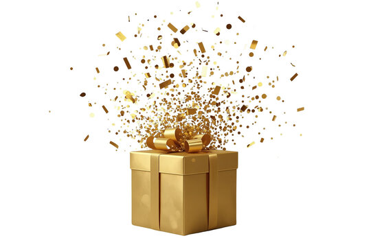Golden gift box exploding with confetti, celebrating surprise anniversary, party, or holiday event, transparent background