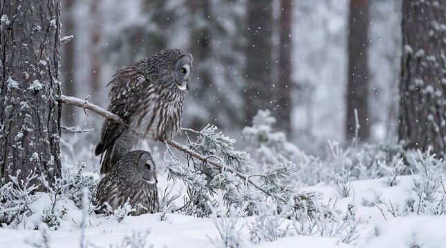 Great gray owls perched in a snowy winter forest.
