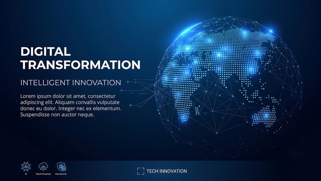 Futuristic tech background with a global network map of planet earth and digital world connections, where AI systems connect every globe through smart data innovation and modern technology. ai it