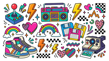 Fototapeta premium A cheerful collection of retro revival cartoon icons inspired by the 1980s and 1990s, including boomboxes, arcade joysticks, floppy disks, retro sneakers, instant cameras, lightning bolts, rainbows, h