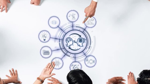 A diverse group of business professionals engages in a collaborative meeting, exploring innovative technology concepts and discussing digital transformation strategies. Raster