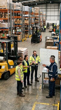 Warehouse team meeting discussing logistics and workflow with a flowchart on a whiteboard