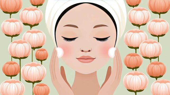 Serene Female Portrait with Clean Skin Surrounded by Soft Floral Elements in Light Pastel Tones for Relaxation and Wellness Themes