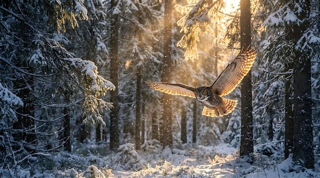 Great grey owl flying through snowy sunlit forest.