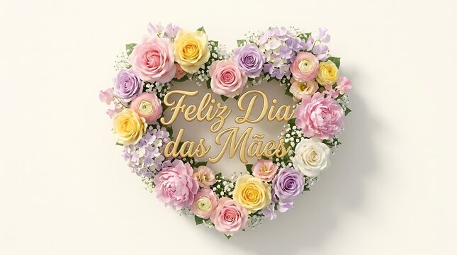 A loving heart-shaped floral arrangement with the Portuguese phrase "Feliz Dia das M&atilde;es" in golden script, perfect for celebrating motherhood with vibrant blooms and delicate textures that